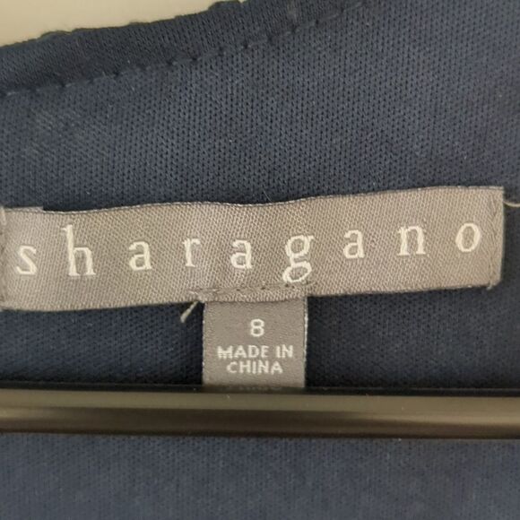 Sharagano Navy Fitted Sheath Cap Sleeve Lace Dress Scalloped Hem Size 8 - Picture 8 of 11